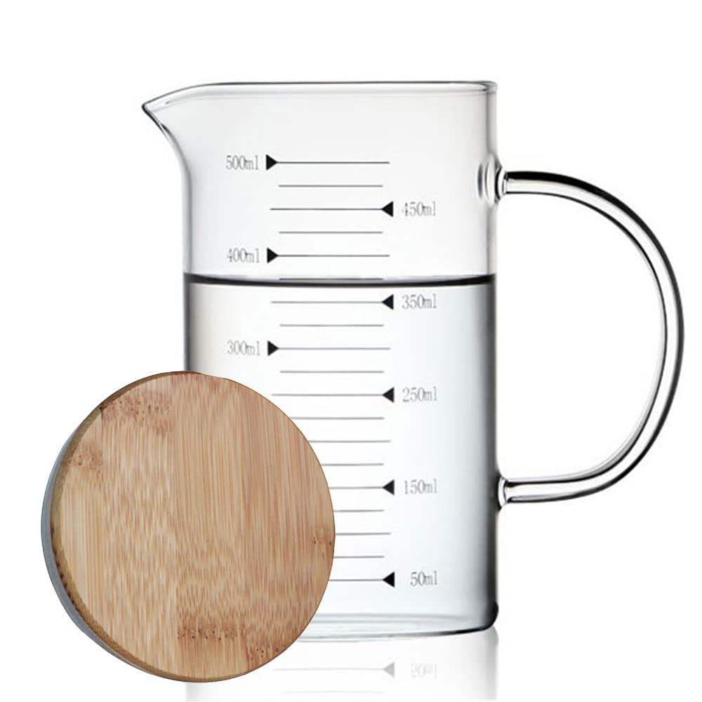 TAMUME Glass Measuring Cup for Baking, with Bamboo Lid, Measuring Jug for Kitchen (500ML)