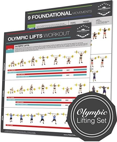 Olympic Lifts Poster Set of 2 / Chart - Strength &amp; Cardio Training - Core - Chest - Legs - Shoulders - Back - Build Muscle, Tone &amp; Tighten - 18”x24"