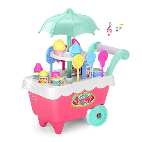 FidgetGear Kid Mini Light Music Trolley Ice Cream Candy Fruit Vegetable Cart House Play Kitchen Educational Toy Random Color Ice Cream