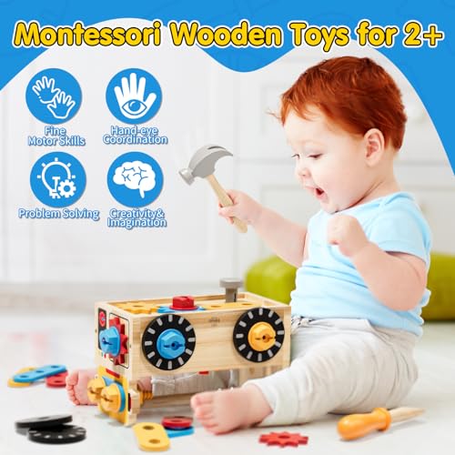 Lehoo Castle Wooden Tool Box for Children from 2 Years, Montessori Craft Toy, Workbench & Case 2-in-1, Fine Motor Skills Learning Toy for Boys and Girls 2-3 Years
