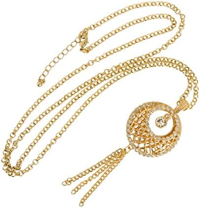 Gold-color Hollow Out Round Filled with Crystal Long Necklaces Pendants Metals Tassel