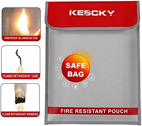 Kescky Fireproof Document Bag 15.3" x 11.4" Fire&amp;Water Resistant Money Bag with Non-Itchy Silicone Coated Fiberglass,Fireproof Safe Pouch Storage for Documents,Case,Jewelry and Passport