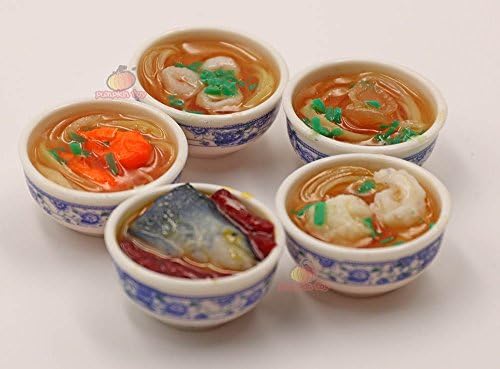 nanguawu 5Pcs Fake Lifelike Bowl of Noodles Seafood /w Spoon Dollhouse Miniature 1:6