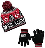 Star Wars Little Boys' Darth Vader Intarsia Knit Cuff Pom Beanie and Glove Set, Black/Red, One Size