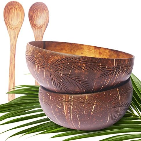 VIBE Coconut Smoothie Bowl and Spoon Set (x2) Mix and Match - 8 Designs, Hand-Carved and Sustainably Produced By Top Coconut Bowl Artisan - Premium, Vegan, Buddha Bowls (Mai)