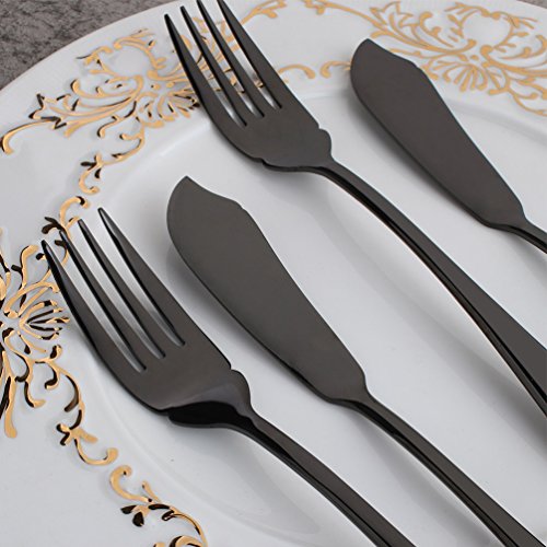 Black 4 Piece 8-inch Stainless Steel Flatware 2 Set with Fish Fork and Fish Knife Table Silverware Dishwasher Safe