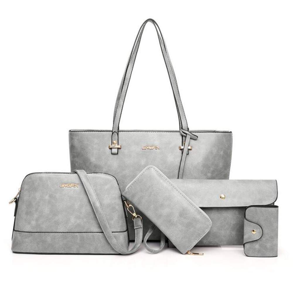 AlwaySky Women's 5-Pack Tote & Crossbody PU Leather Handbag Set, Light Grey
