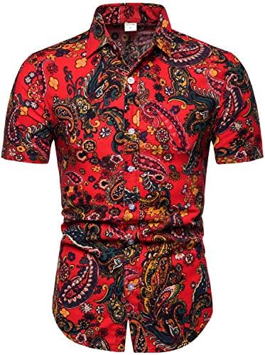 HENGAO Men's Cotton Short Sleeve Linen Button Down Shirt