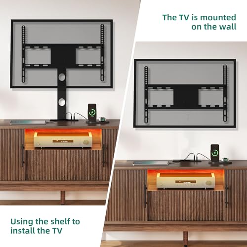 YITAHOME Fluted Curved TV Stand with Mount for 32-70 Inch TVs, Modern Entertainment Center with LED Lights & Power Outlets,Walnut