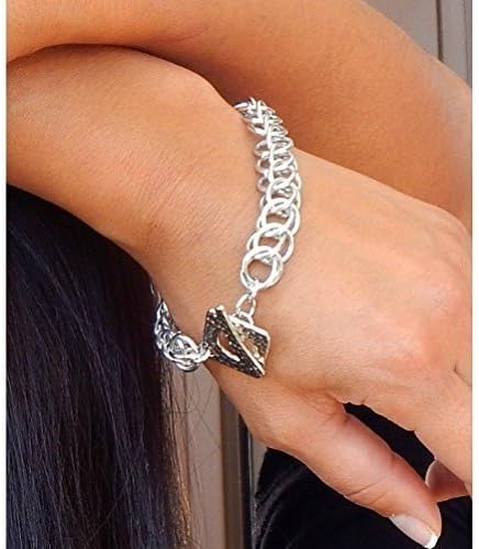 ChainMettle Chain Link Bracelet, Silver Color with Hammered Metal Toggle Clasp, Custom Size - Traditional 10th Wedding Anniversary Gift for Wife (Jewelry Aluminum)