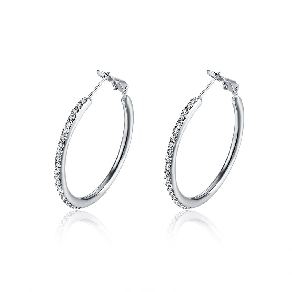35mm Rhinestone Diamond CZ Dainty Hoop Earrings For Women Girls Cubic Zirconia Huggie 14K White Gold