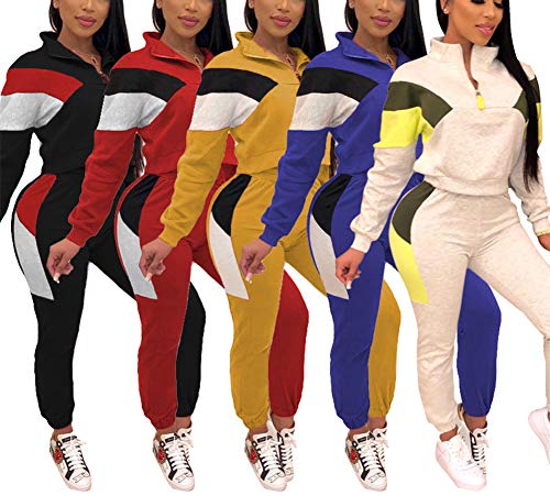 Women Two Piece Tracksuit Sets 1/4 Zip Long Sleeve Jacket and Long Pant Activewear Set Yellow XXL