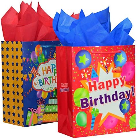 BagLove Large Birthday Gift Bags with Tissue Paper for Kids (2 Pack) 10.5" x 13" x 5.5" Bright and Colorful Birthday Gift Bags for Boys of All Ages