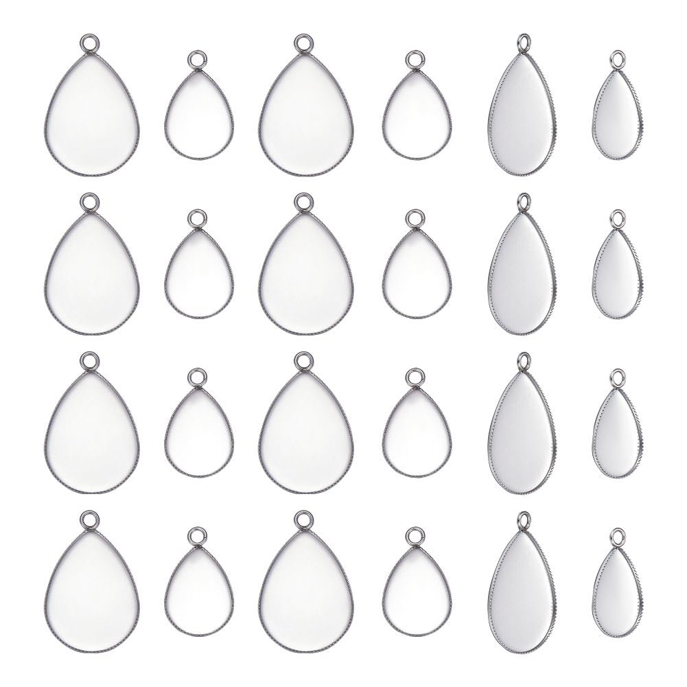 UNICRAFTALE about 40pcs 18/24mm Teardrop Pendant Blanks Stainless Steel Blank Bezel Hypoallergenic Tray Base Milled Edge Bezel Cups for Jewelry Making DIY Findings Stainless Steel Color
