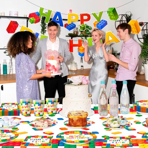 Building Blocks Party Tableware, 16 Guests Building Blocks for Parties Set Building Block Birthday Banner Plates Cups Napkins Tablecloths etc Tableware for Birthday Parties