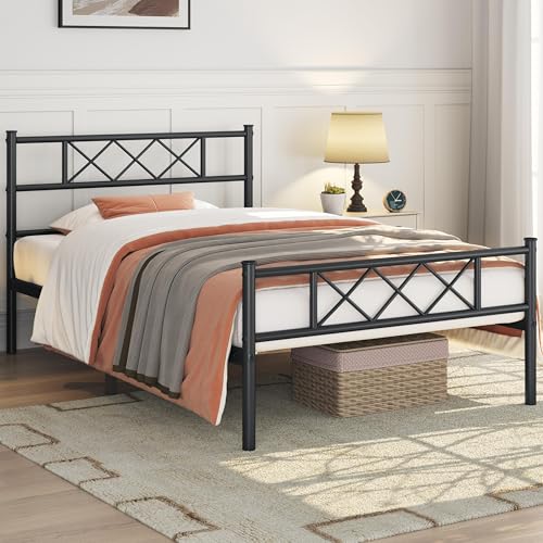 Yaheetech Twin Metal Platform Bed Frame Mattress Foundation with Headboard and Footboard No Box Spring Needed Under Bed Storage Steel Slats Black