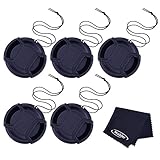 Mudder 40.5 mm Lens Cap Snap-On Center Pinch Lens Cover with Cord and Cleaning Cloth for Canon Nikon Sony Camera Lens, 5 Pack