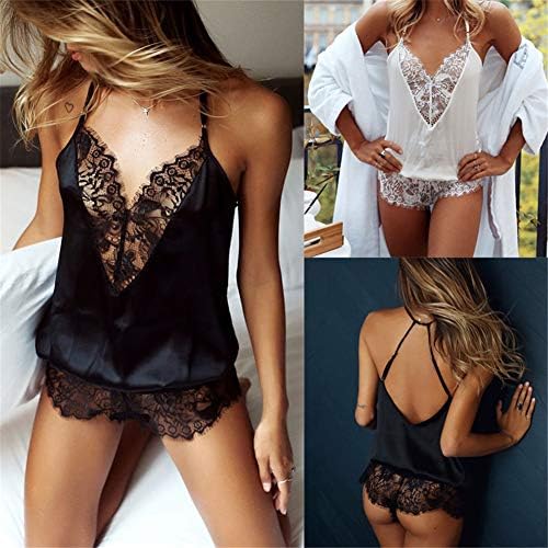Ghyveny Women One Piece Satin Lace Babydoll Short Jumpsuit Lingerie Bodysuit Black L