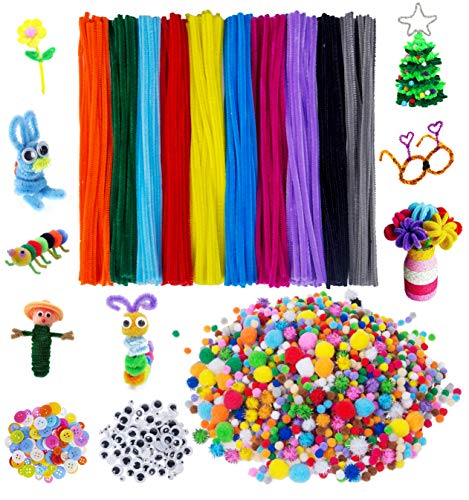 2200 Pcs Pom Poms Pipe Cleaners Craft Set, Acerich 1800 Pcs Assorted Pom Poms, 200 Pcs 10 Colors Chenille Stems, 100 Pcs Buttons and 100 Pcs Wiggle Googly Eyes for DIY Craft Supplies - Thumbnail 7
