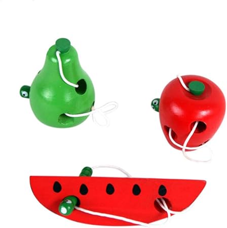 Amazon Chafin 可愛らしい木製ワームイート ストリングフルーツ 赤ちゃん 子供 発達玩具 リンゴ梨ビーズ 虫ロープ スイカ 知育 学習玩具 おもちゃ