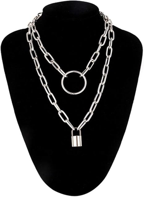 Amazon Co Jp Pfjj 二重層ロックチェーンネックレスパンク90年代のリンクチェーンシルバーカラー南京錠ペンダントネックレス女性の ファッションゴシックジュエリー Color 17 ホーム キッチン