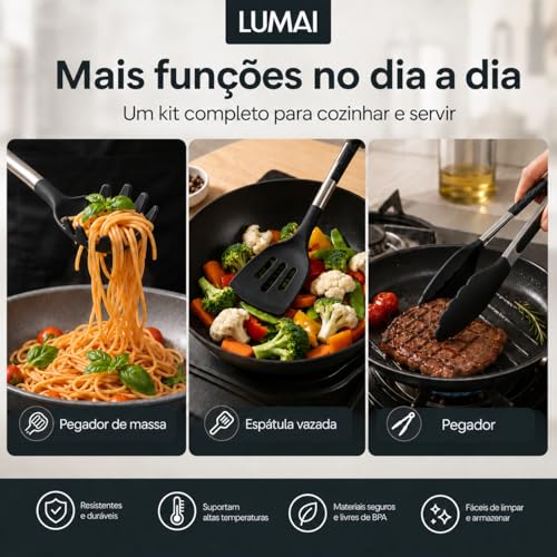 LUMAI Kit Utensílios de Cozinha Inox e Silicone 10 Peças com Suporte - Preto