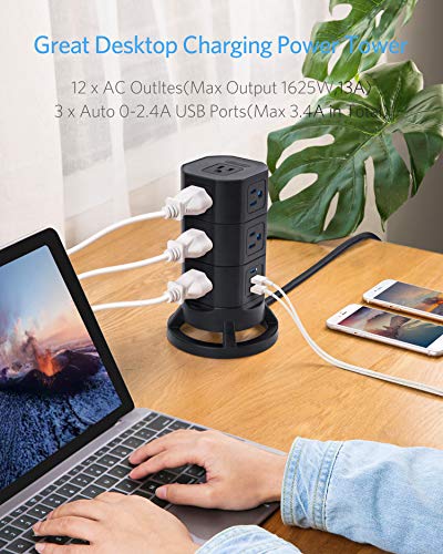 image for BESTEK 12 Outlets Power Strip Tower with 3 USB Ports Stackable Design 