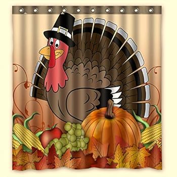 Thanksgiving Turkey with Pumpkin Waterproof Bathroom Fabric Shower Curtain,Bathroom Decor 66