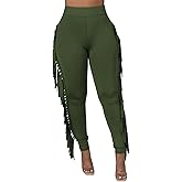 Choichic Women's Casual High Waist Fringed Pants With Elastic Waist - Bodycon Tassels Side Long Jogger Sweatpant