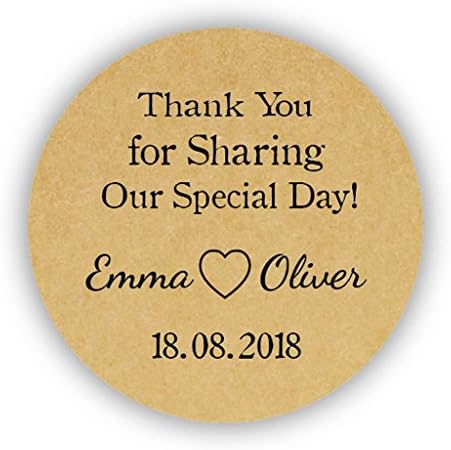 eKunSTreet ® 48x PERSONALISED 40mm KRAFT VINTAGE Wedding Favour Stickers - Thank You for Sharing,Ideal for Party Bag Labels,Sweet Cones Favour Box Stickers,Envelopes Seals, SHABBY CHIC Wedding Craft - Round 001
