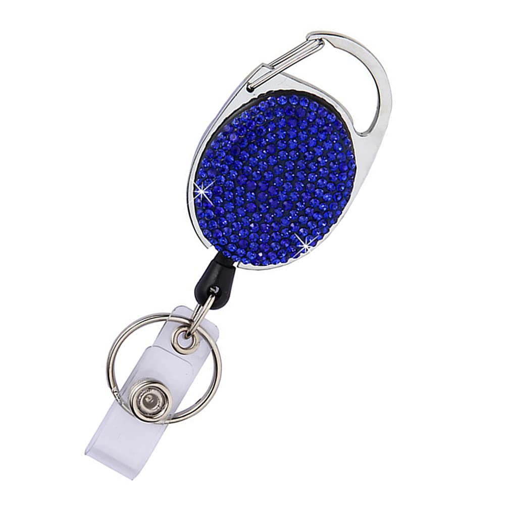 Bling Rhinestone Retractable Badge Reel, Glitter ID Badge Holder with Belt Clip and Key Ring, Pull Cord up to 24 inches, Women Girls Gifts, Pack of 1, Dark Blue