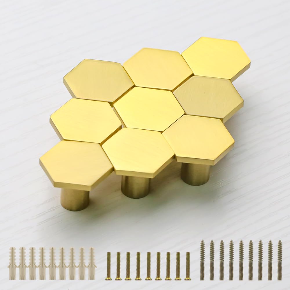 EVERGD 27mm Pure Copper Handle Shell Brass Gold Wardrobe Kitchen Cabinet Door Knobs Drawer Cupboard Hardware Pull Handle Clothes Coat Hook Modern Simple (9, Hexagon-Gold（25mm）)