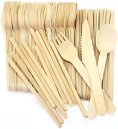 iHomer Eco-friendly Wooden Disposable Cutlery, set of 250 pcs - 100 Forks, 50 Spoons, 50 Knives and 50 Coffee Stirrers for Birthday Party, Holiday Family Gathering Camping BBQ