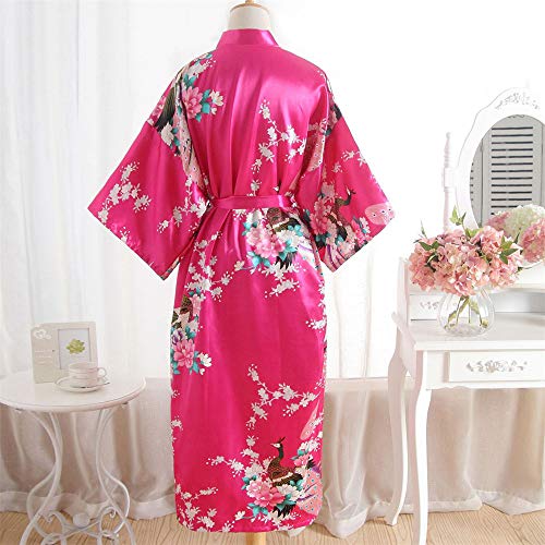 CofeeMO Kimono Satin Floral Print Wrap Pajamas for Women,Soft Flare Sleeve Bathrobe Nightdress(Hot Pink,Free Size)
