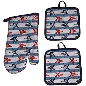 Set of 3, Printed Design Nautical Collection Ultra Absorbent Kitchen Set, Includes: 2 Pot Holders and 1 Oven Mitt. (Starfish)