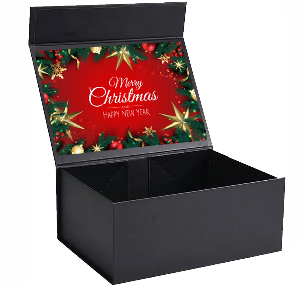 Black Magnetic Gift Box A5 Deep Gift Packaging Decorative Box for Christmas | 23 x 17 x 10 cm | Black Gift Box with Xmas Sticker