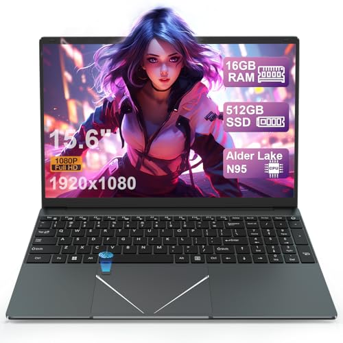 PINSTONE 15,6" Ordinateur Portable Alder Lake-N95(jusquà 3,4 GHz), PC Portable 16Go RAM 512Go SSD, Laptop avec Touch ID, Webcam/WiFi 5/Bluetooth/USB 3.0 - QWERTY Clavier avec AZERTY Membrane du Clavie