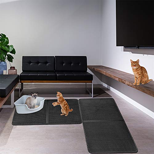 Cat Litter Catcher Mat Jumbo Size 34" x 30", Honeycomb Double Layer Cat Litter Mat for Litter Box, Extra Large Waterproof Trap Cat Litter Box Mat Trapper Trapping with PU Leather Edge, Can be Spliced