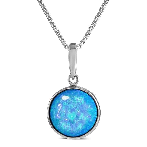 Leuchtender Erstellt Blauer Opal Anhänger aus Sterling Silber, 12 mm rund, herrliche Qualität in einer Geschenkbox.