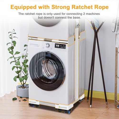 NIUXX Universal Connecting Frame and Base for Dryer and Washing Machine, Adjustable in Size with Ratchet Cable and Transport Wheels with Brake for Washing Machines and Dryers, Space Saving