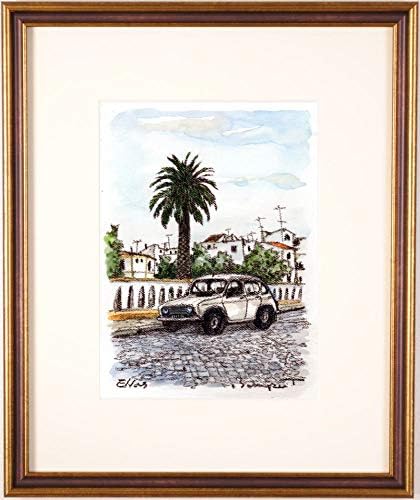 高橋文平 エルヴァスの街とルノー 4 ポルトガル 絵画 風景画 車 エルヴァス 海外限定 絵 額付き