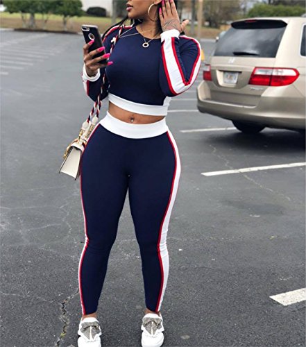Women's Blue 2 Piece Outfits Clubwear Long Sleeve High Waist Leggings Sets
