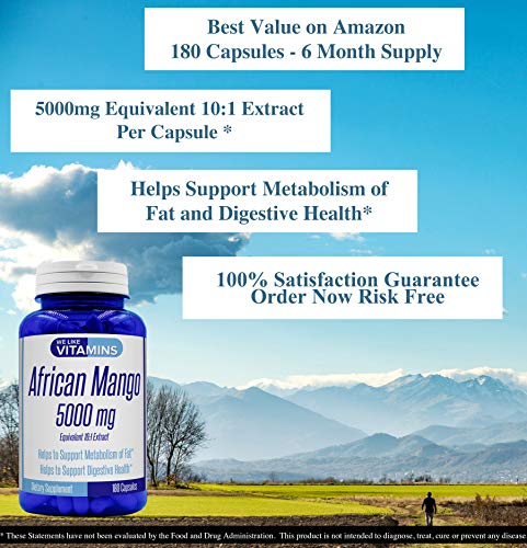 African Mango 5000mg Equivalent 10:1 Extract 180 Capsules - 6 Month Supply of African Mango Capsules - Supports Metabolism of Fat and Digestive Health