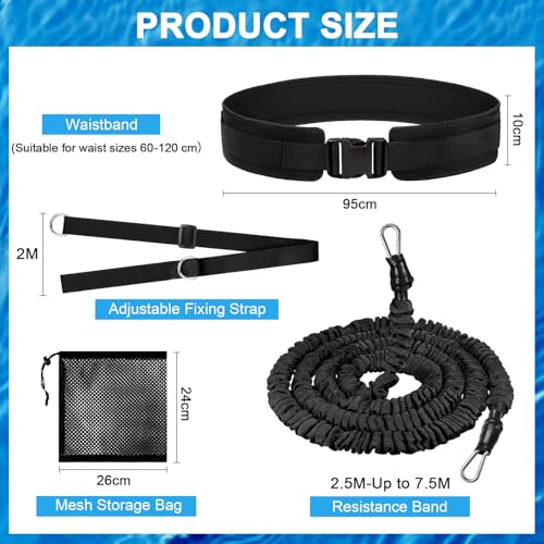 Vexyra Elastico Nuoto Statico Piscina, 2,5-7,5 M Cintura Nuoto Piscina per Adulti e Bambini, Controcorrente Regolabile in Lattice Naturale con Cintura Larga e Imbottita, Aiuto per Allenamento, Nero