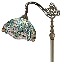 Tiffany Style Reading Floor Lamp Sea Blue Stained Glass Crystal Bead Dragonfly 12 Inch Lampshade 64 Inch Tall Arched Base Antique Light for Living Room Bedroom Coffee Table Set Gifts S147 WERFACTORY
