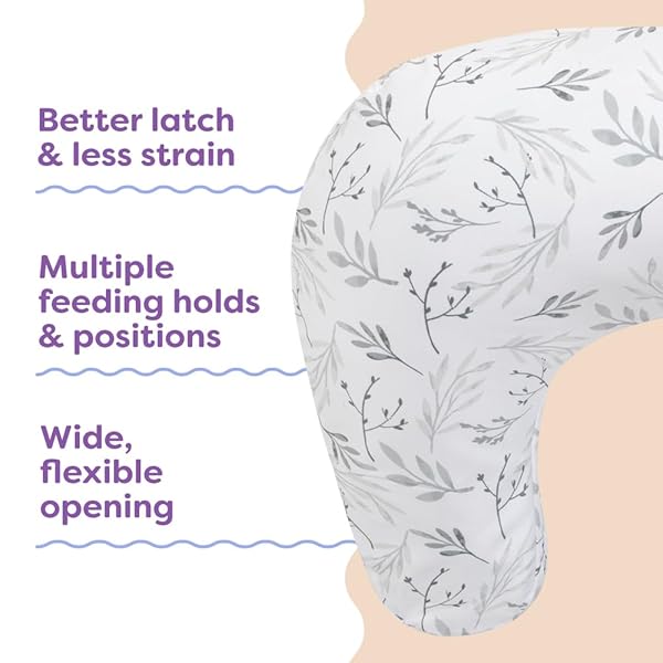 BOPPY NURSING PILLOW – FIRM, ERGONOMIC U-SHAPED BOTTLE AND BREASTFEEDING PILLOW WITH HIGH LIFT FOR COMFORT AND SUPPORT, SPACIOUS SURFACE – GRAY GENTLE LEAVES
