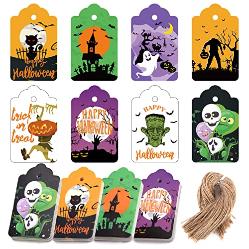 Koogel 120PCS Gift Tags, Halloween Paper Tags Bulk Halloween Theme Tags with Strings for Hanging Decoration Halloween Party Candy Bag