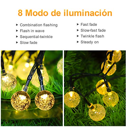 bedee Luces de Cuerda Solar 50 LED 7 Metros Luces solares de Patio con 8 Modos, Luces de Cuerda de Bola de Cristal Impermeable IP65 para Patio, Fiesta, Boda, decoración de Navidad (Blanco cálido)