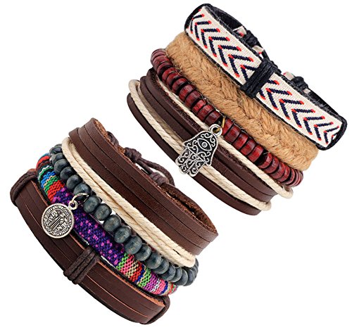 JF.JEWELRY Fatima & St. Benedictine Charms Stackable Braided Leather Cuffs Bracelet for Men 8-PCS Mixed (Best Price For Benedictine)