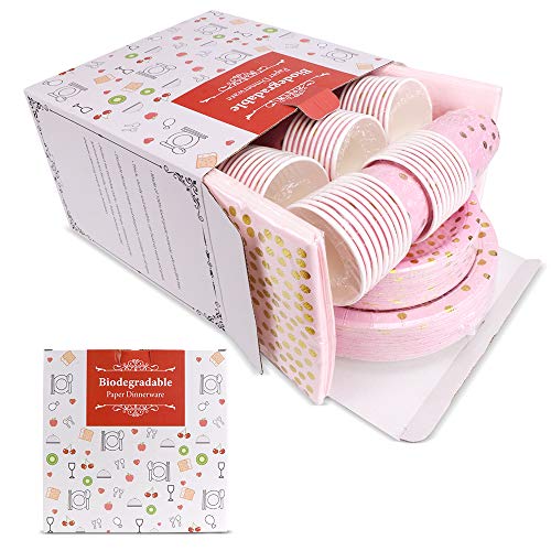 Pink and Gold Party Supplies - 200PCS Disposable Pink Paper Plates Dinnerware Set Gold Dots 50 Dinner Plates 50 Dessert Plates 50 9oz Cups 50 Napkins Wedding Birthday Party Baby Shower Christmas - Thumbnail 5